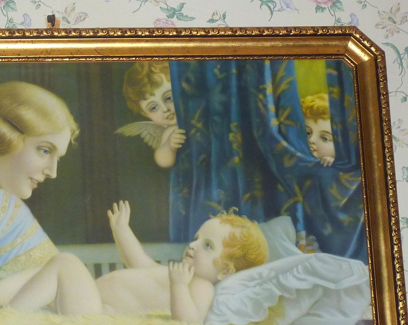 1920's Framed 42" Lithograph Fr. Laubnitz Mother & Child & Cherubs 1920's Framed 42" Lithograph Fr. Laubnitz Mother & Child & Cherubs