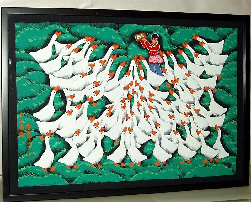 Wonderful 32" Painting of Chinese Peasant Goose Herder Girl - Framed Wonderful 32" Painting of Chinese Peasant Goose Herder Girl - Framed