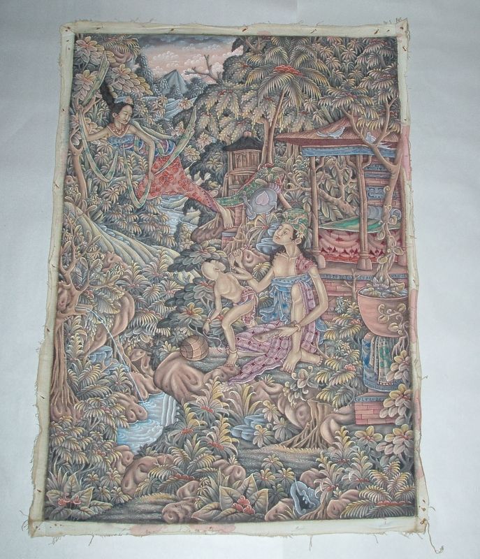 Rare Vintage Ubud Bali Classical 27" Root Painting on Canvas signed Rare Vintage Ubud Bali Classical 27" Root Painting on Canvas signed