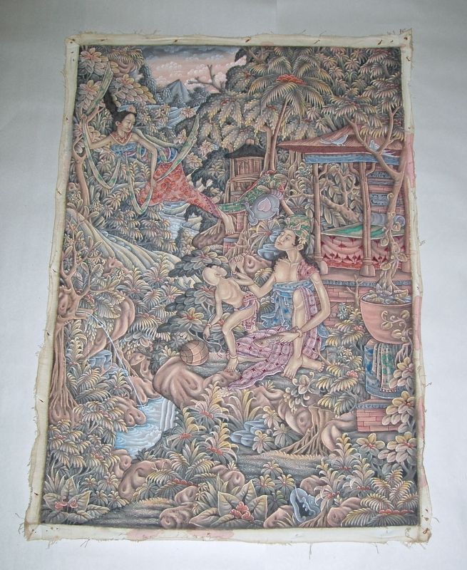 Rare Vintage Ubud Bali Classical 27" Root Painting on Canvas signed Rare Vintage Ubud Bali Classical 27" Root Painting on Canvas signed