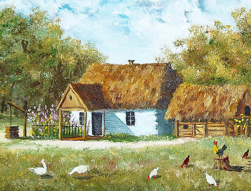 Framed 9" Oil on canvas Old World Farm House Scene signed R. Doniec Framed 9" Oil on canvas Old World Farm House Scene signed R. Doniec