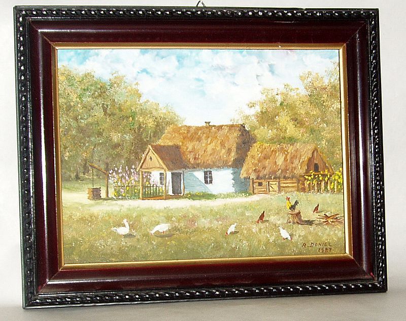 Framed 9" Oil on canvas Old World Farm House Scene signed R. Doniec Framed 9" Oil on canvas Old World Farm House Scene signed R. Doniec