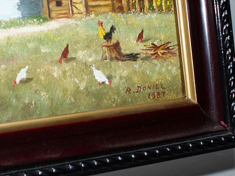 Framed 9" Oil on canvas Old World Farm House Scene signed R. Doniec Framed 9" Oil on canvas Old World Farm House Scene signed R. Doniec