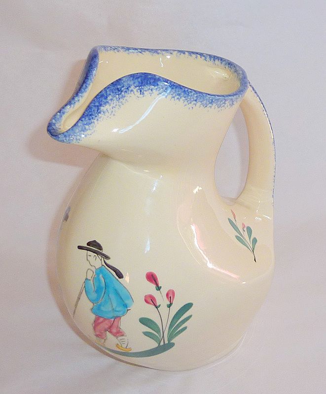 Wonderful Hand Painted Vintage 1960 Bretagne Pottery 9" Pinched Lip Water Pitcher Wonderful Hand Painted Vintage 1960 Bretagne Pottery 9" Pinched Lip Water Pitcher