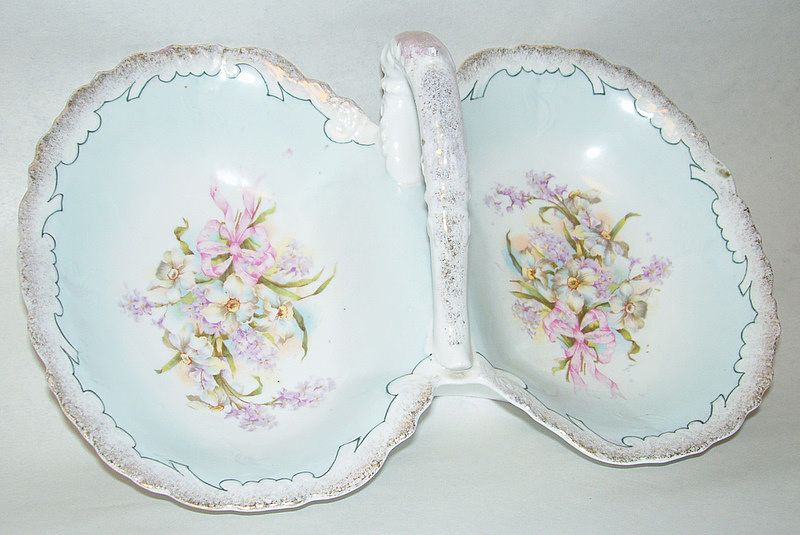 Antique 11" Porcelain Blue Floral Double Bowl Basket with Handle Antique 11" Porcelain Blue Floral Double Bowl Basket with Handle