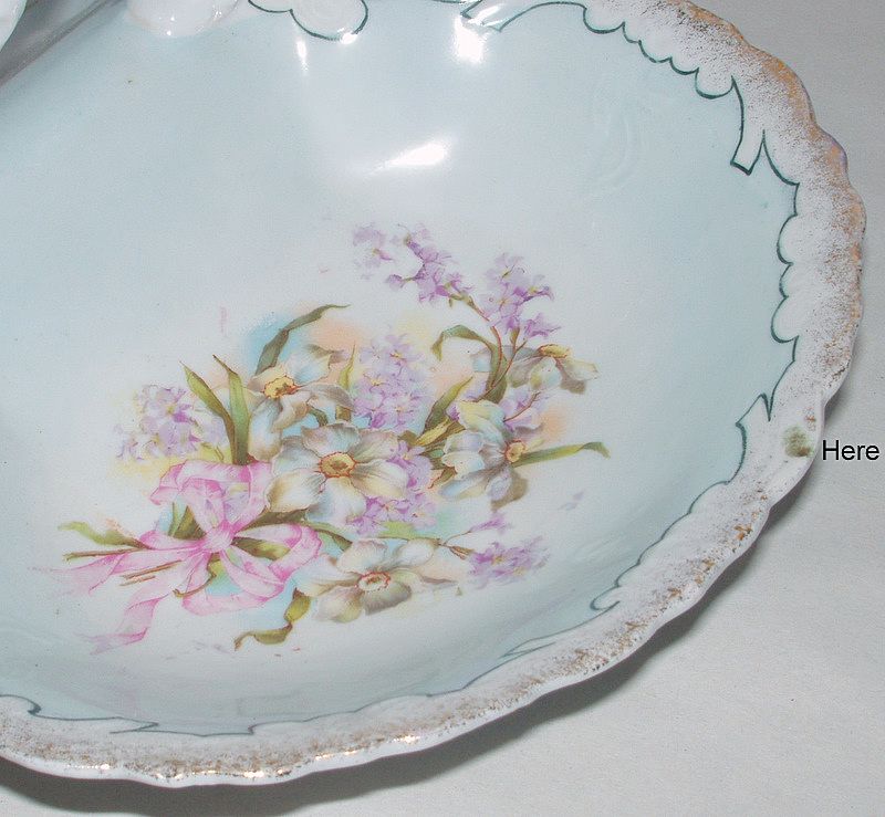 Antique 11" Porcelain Blue Floral Double Bowl Basket with Handle Antique 11" Porcelain Blue Floral Double Bowl Basket with Handle
