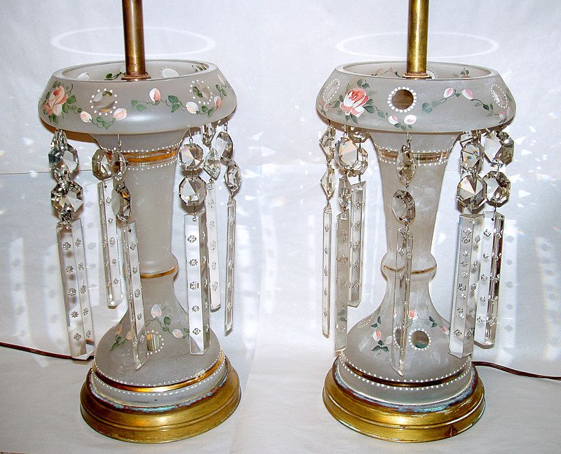 Vintage Pair 15" Frosted Glass w Pink Roses Electric 8 Prism Luster Lamps Vintage Pair 15" Frosted Glass w Pink Roses Electric 8 Prism Luster Lamps