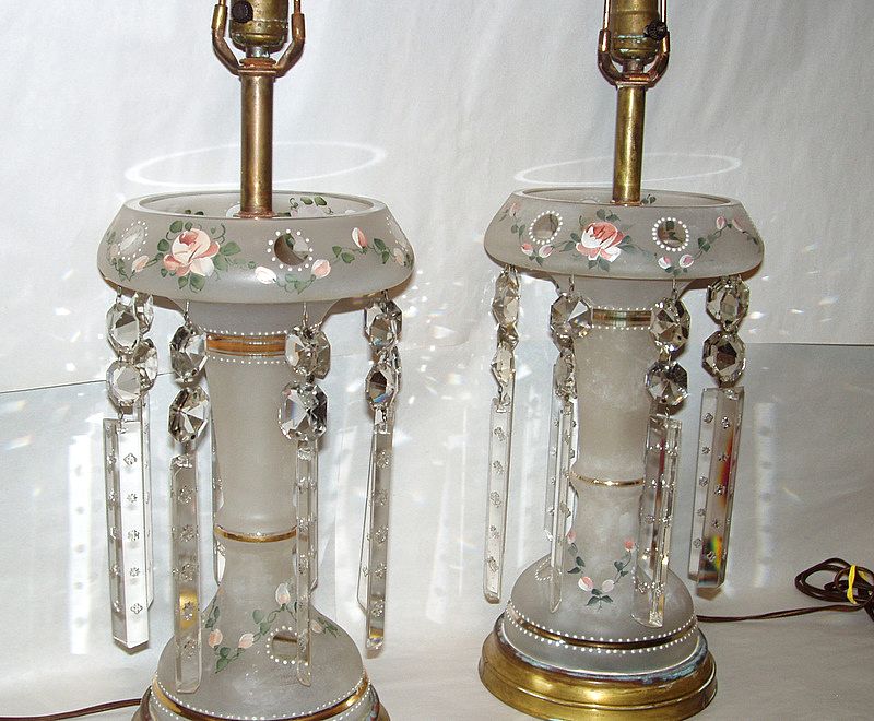 Vintage Pair 15" Frosted Glass w Pink Roses Electric 8 Prism Luster Lamps Vintage Pair 15" Frosted Glass w Pink Roses Electric 8 Prism Luster Lamps