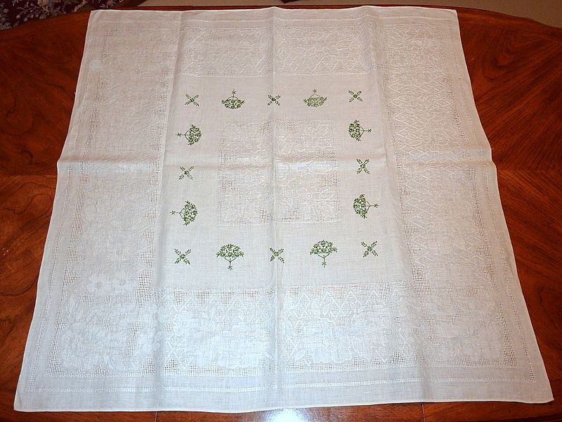 Vintage Embroidered 41" X 41" White Linen Tablecloth Green Flowering Trees Vintage Embroidered 41" X 41" White Linen Tablecloth Green Flowering Trees