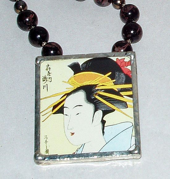 Vintage Japan Geisha Framed Pendant on Jasper Bead Necklace Vintage Japan Geisha Framed Pendant on Jasper Bead Necklace