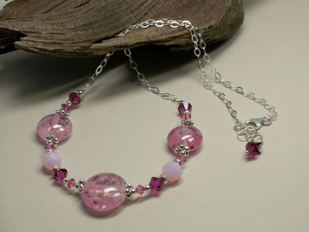 'Raspberry Sorbet' ~ Borosilicate Glass Lampwork, Swarovski Crystal, Sterling Silver Chain Necklace 'Raspberry Sorbet' ~ Borosilicate Glass Lampwork, Swarovski Crystal, Sterling Silver Chain Necklace