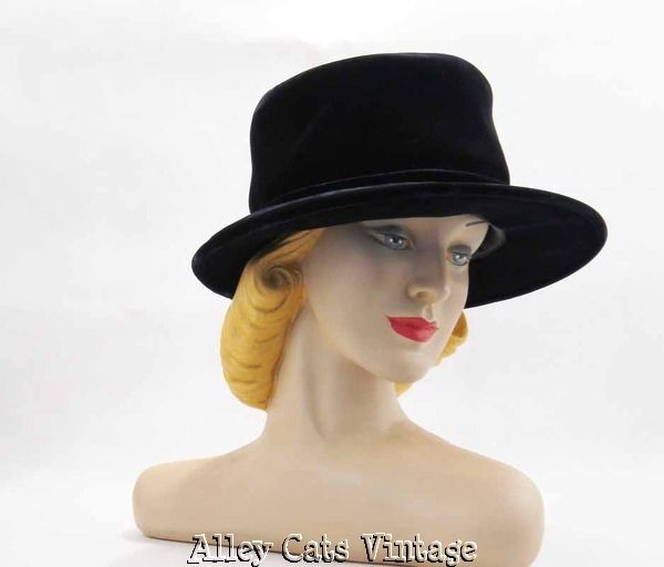 Vintage Hat Deep Crown Dark Blue Velvet Wide Brim by Gallant Lady Sz 21.5 Vintage Hat Deep Crown Dark Blue Velvet Wide Brim by Gallant Lady Sz 21.5