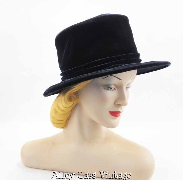 Vintage Hat Deep Crown Dark Blue Velvet Wide Brim by Gallant Lady Sz 21.5 Vintage Hat Deep Crown Dark Blue Velvet Wide Brim by Gallant Lady Sz 21.5