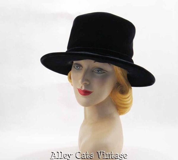 Vintage Hat Deep Crown Dark Blue Velvet Wide Brim by Gallant Lady Sz 21.5 Vintage Hat Deep Crown Dark Blue Velvet Wide Brim by Gallant Lady Sz 21.5