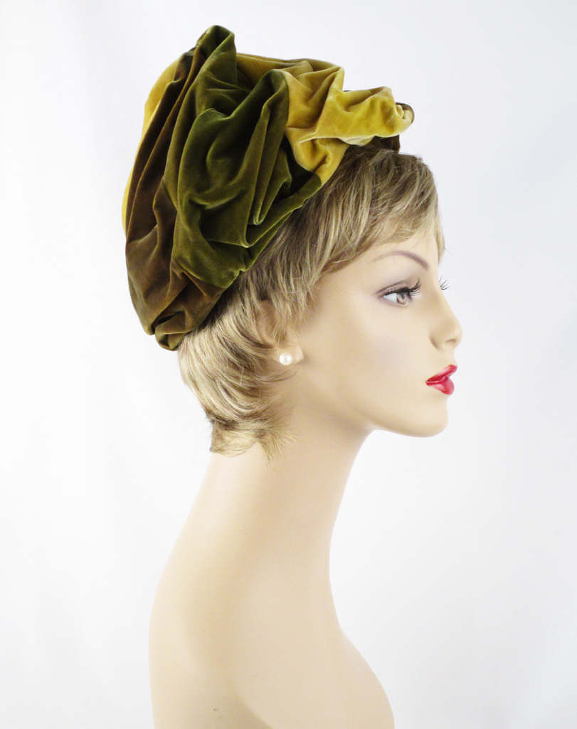 Vintage 1960s 60s Earthtone Velvet Swirled Peak Hat by Trebor Sz 21.5 Vintage 1960s 60s Earthtone Velvet Swirled Peak Hat by Trebor Sz 21.5