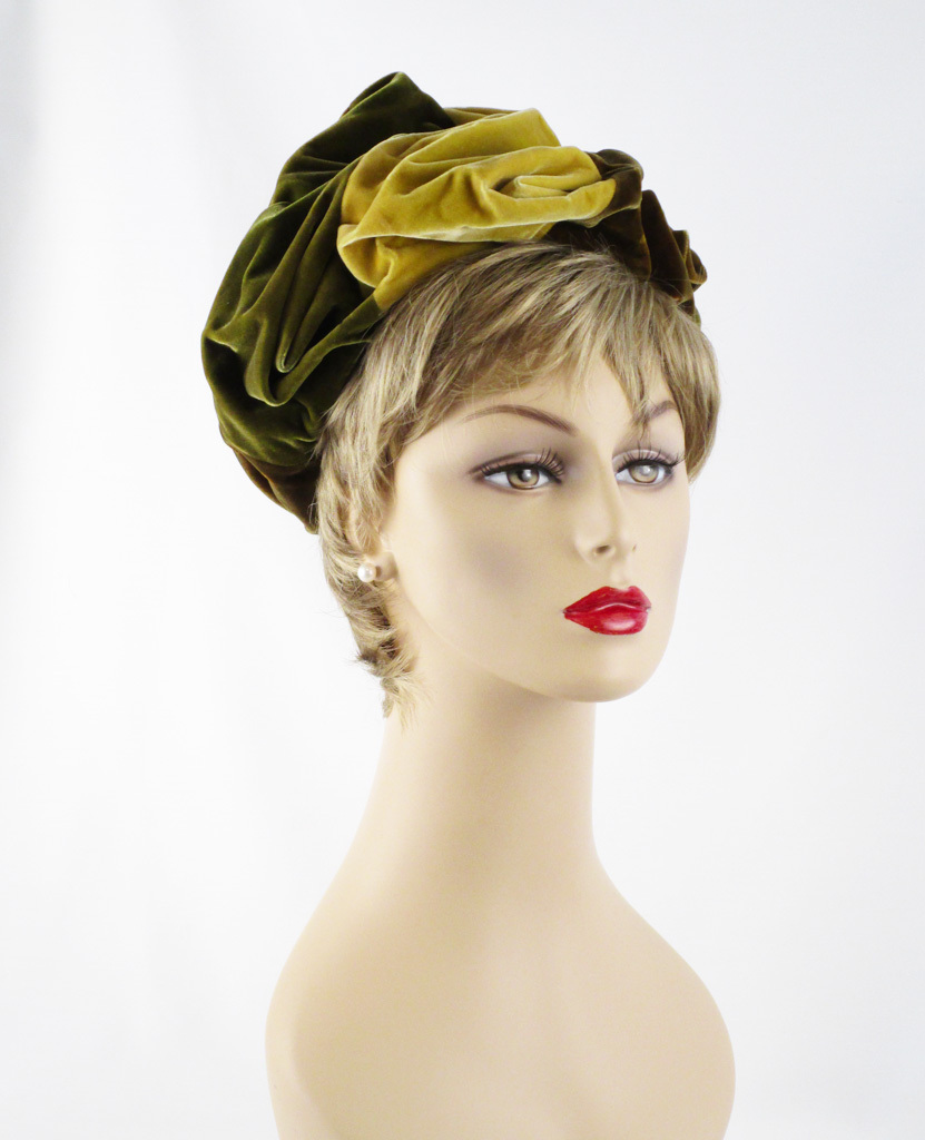 Vintage 1960s 60s Earthtone Velvet Swirled Peak Hat by Trebor Sz 21.5 Vintage 1960s 60s Earthtone Velvet Swirled Peak Hat by Trebor Sz 21.5