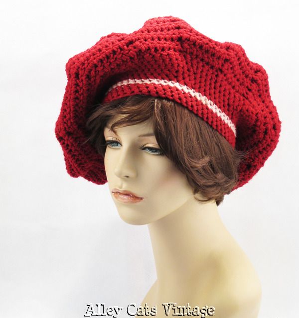 Vintage 1950s 50s Hat Maroon and Pink Hand Knitted Banded Oversized Beret Vintage 1950s 50s Hat Maroon and Pink Hand Knitted Banded Oversized Beret