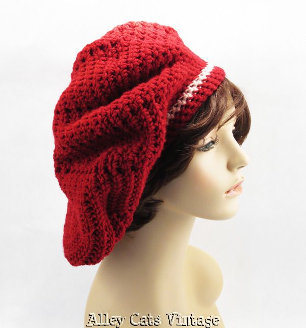 Vintage 1950s 50s Hat Maroon and Pink Hand Knitted Banded Oversized Beret Vintage 1950s 50s Hat Maroon and Pink Hand Knitted Banded Oversized Beret