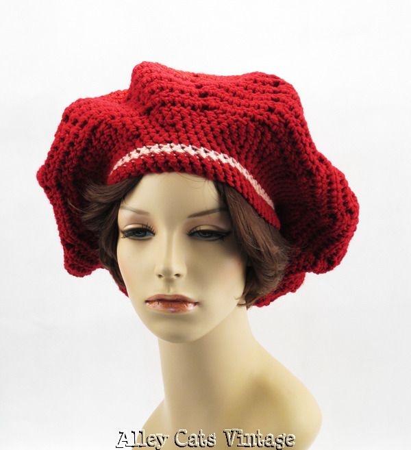 Vintage 1950s 50s Hat Maroon and Pink Hand Knitted Banded Oversized Beret Vintage 1950s 50s Hat Maroon and Pink Hand Knitted Banded Oversized Beret