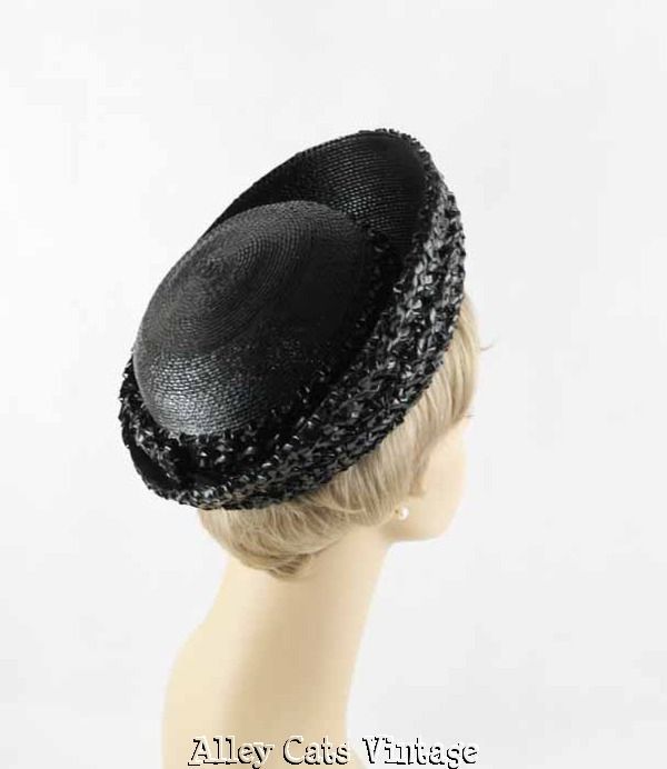 Vintage 1960s 60s Hat Black Straw Breton by d. Charles Sz 22 Vintage 1960s 60s Hat Black Straw Breton by d. Charles Sz 22