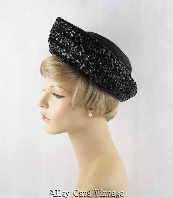 Vintage 1960s 60s Hat Black Straw Breton by d. Charles Sz 22 Vintage 1960s 60s Hat Black Straw Breton by d. Charles Sz 22