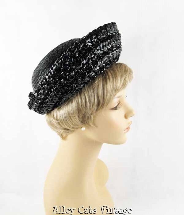 Vintage 1960s 60s Hat Black Straw Breton by d. Charles Sz 22 Vintage 1960s 60s Hat Black Straw Breton by d. Charles Sz 22