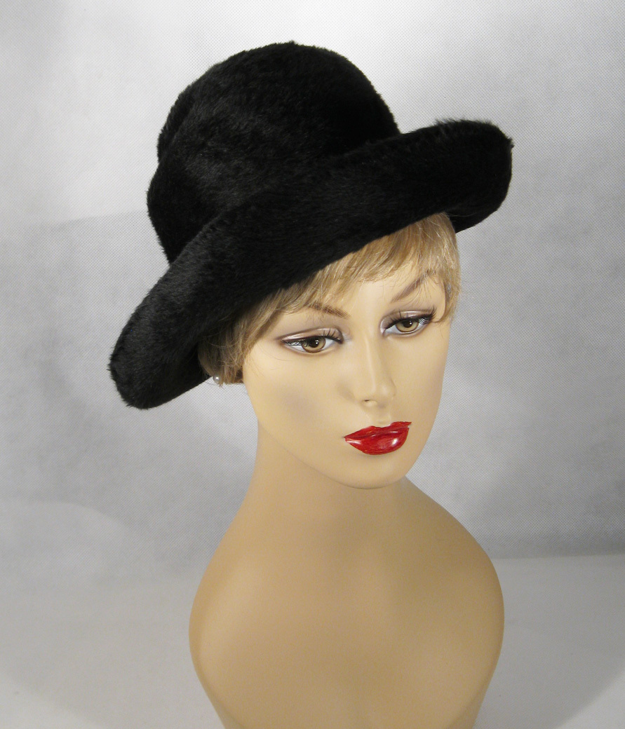 Vintage Hat Black Faux Fur Fedora by Mr John Classic Sz 22 Vintage Hat Black Faux Fur Fedora by Mr John Classic Sz 22