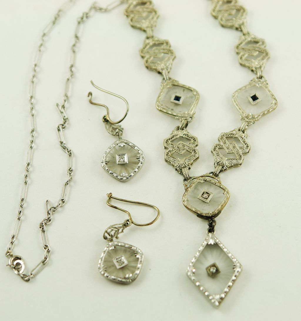 Vintage Transitional 10 Karat White Gold Camphor Glass Demi-Parure Vintage Transitional 10 Karat White Gold Camphor Glass Demi-Parure