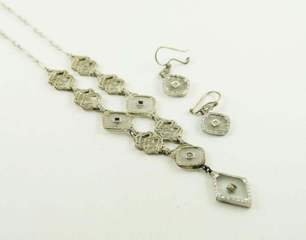 Vintage Transitional 10 Karat White Gold Camphor Glass Demi-Parure Vintage Transitional 10 Karat White Gold Camphor Glass Demi-Parure