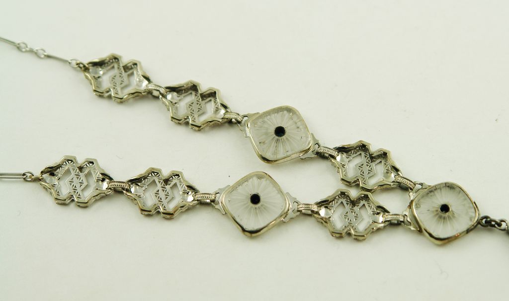 Vintage Transitional 10 Karat White Gold Camphor Glass Demi-Parure Vintage Transitional 10 Karat White Gold Camphor Glass Demi-Parure