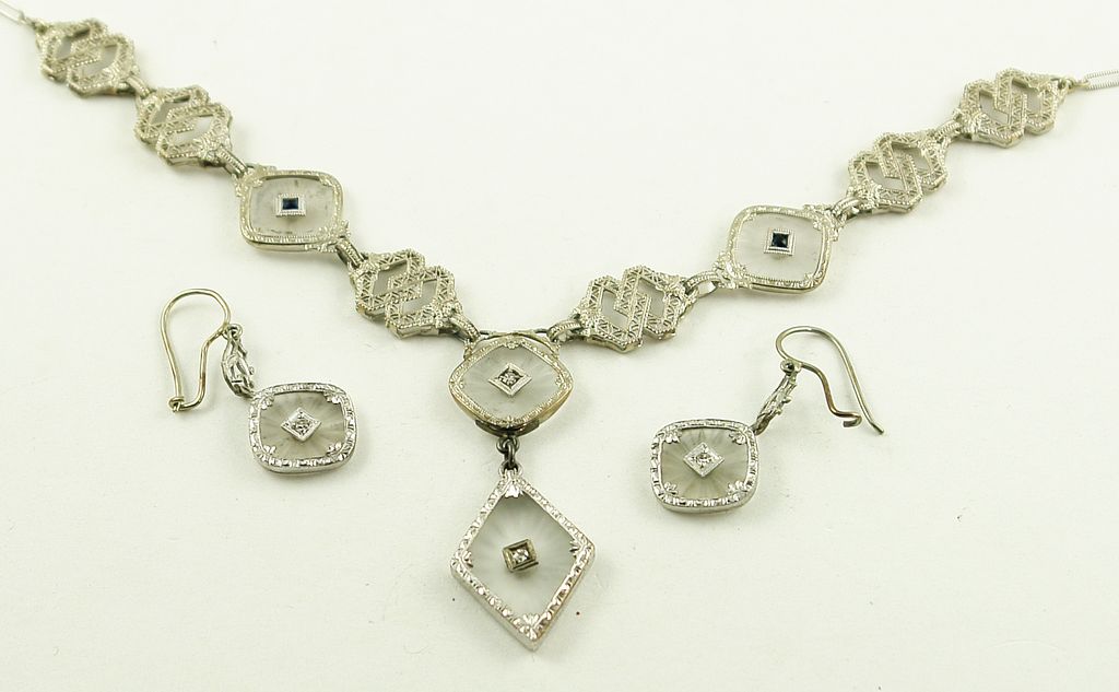 Vintage Transitional 10 Karat White Gold Camphor Glass Demi-Parure Vintage Transitional 10 Karat White Gold Camphor Glass Demi-Parure