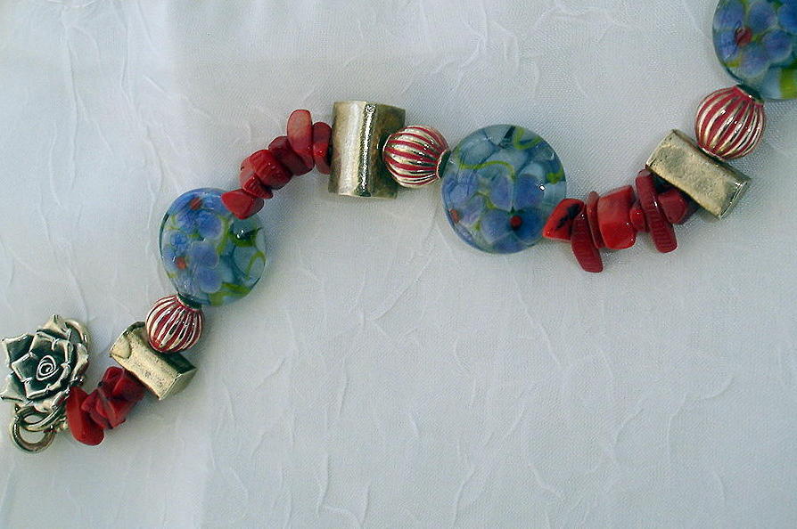 Artisan Floral Lampwork Beaded Bracelet - Red Dyed Coral & SS Chunky Beads Artisan Floral Lampwork Beaded Bracelet - Red Dyed Coral & SS Chunky Beads