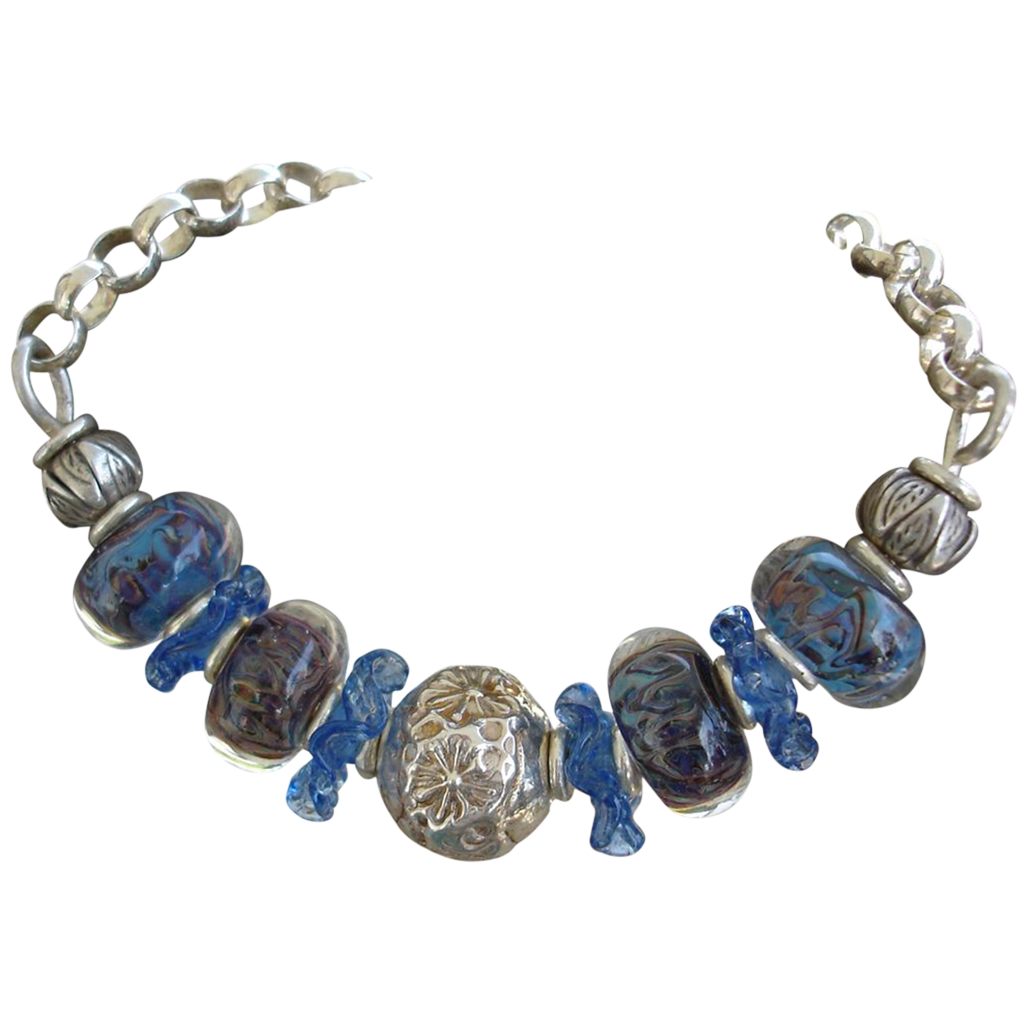 Sterling Silver, Blue Lampwork Beads, Ruffles bracket Sterling Silver, Blue Lampwork Beads, Ruffles bracket