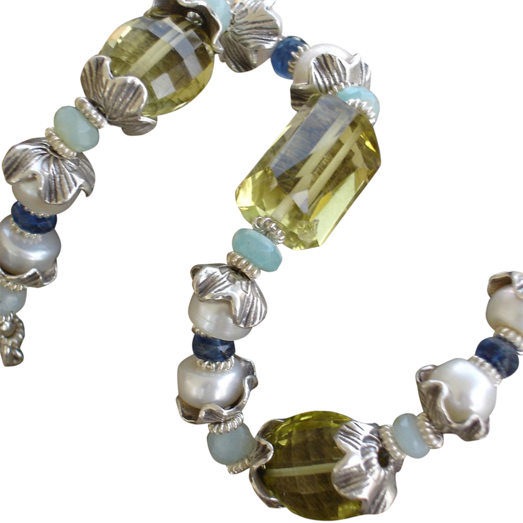 Gemstone & Pearl Bracelet - Lemon Green Quartz, Cultured Pearls, Peruvian Opals, Kyanite, Hilltribe Sterling Silver Gemstone & Pearl Bracelet - Lemon Green Quartz, Cultured Pearls, Peruvian Opals, Kyanite, Hilltribe Sterling Silver