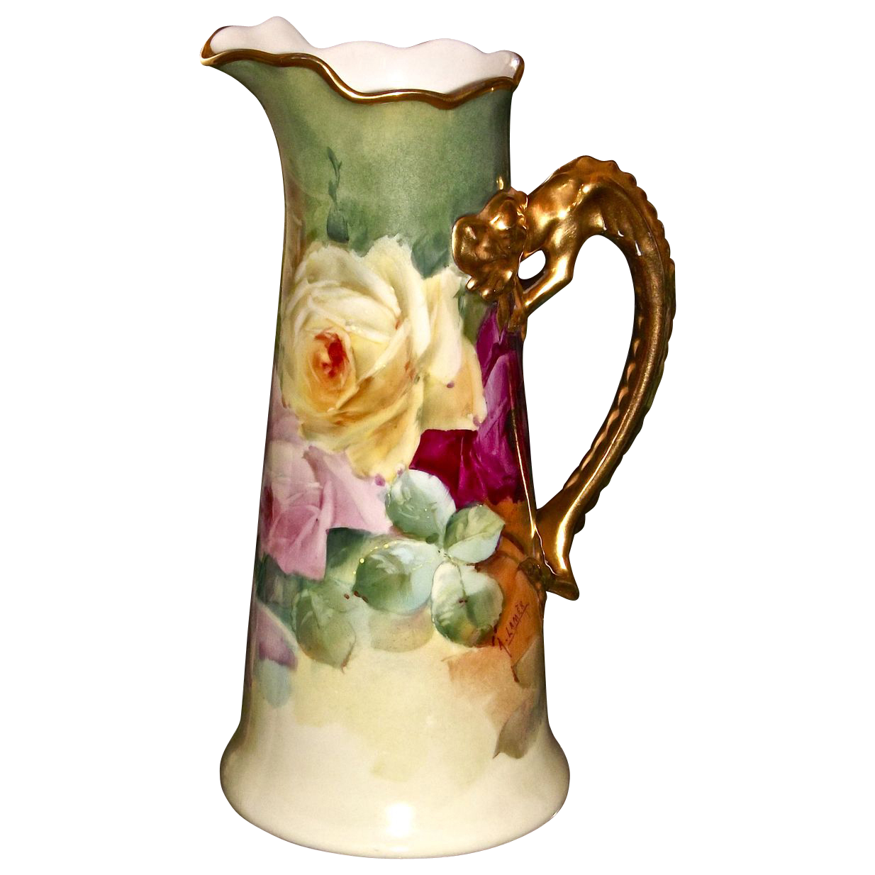 Limoges Amazing Rose Filled Gold Encrusted Dragon Handle Pitcher/Tankard Signed Lamer Limoges Amazing Rose Filled Gold Encrusted Dragon Handle Pitcher/Tankard Signed Lamer