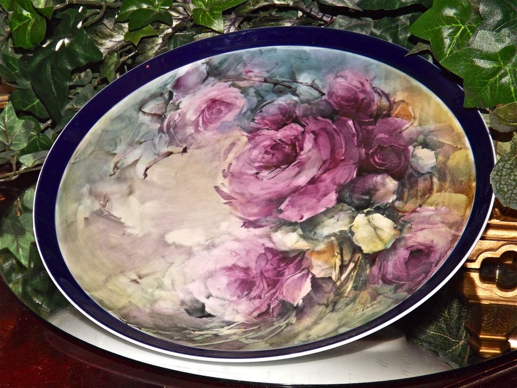 Limoges Large Signed Cobalt Blue Rimmed Charger/Plaque with Bischoff Like Gorgeous Raspberry Pink Roses Limoges Large Signed Cobalt Blue Rimmed Charger/Plaque with Bischoff Like Gorgeous Raspberry Pink Roses