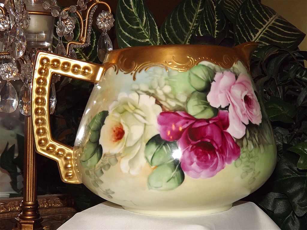German Hand Painted Cider Pitcher with Limoges Red/Pink/Yellow Roses and Gold Detailing German Hand Painted Cider Pitcher with Limoges Red/Pink/Yellow Roses and Gold Detailing