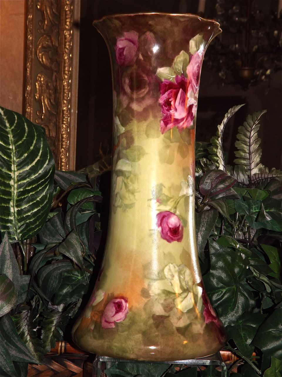 Limoges Huge Signed Trumpet Vase with Pink/Red/White Roses and Gold Encrusted Mouth Limoges Huge Signed Trumpet Vase with Pink/Red/White Roses and Gold Encrusted Mouth