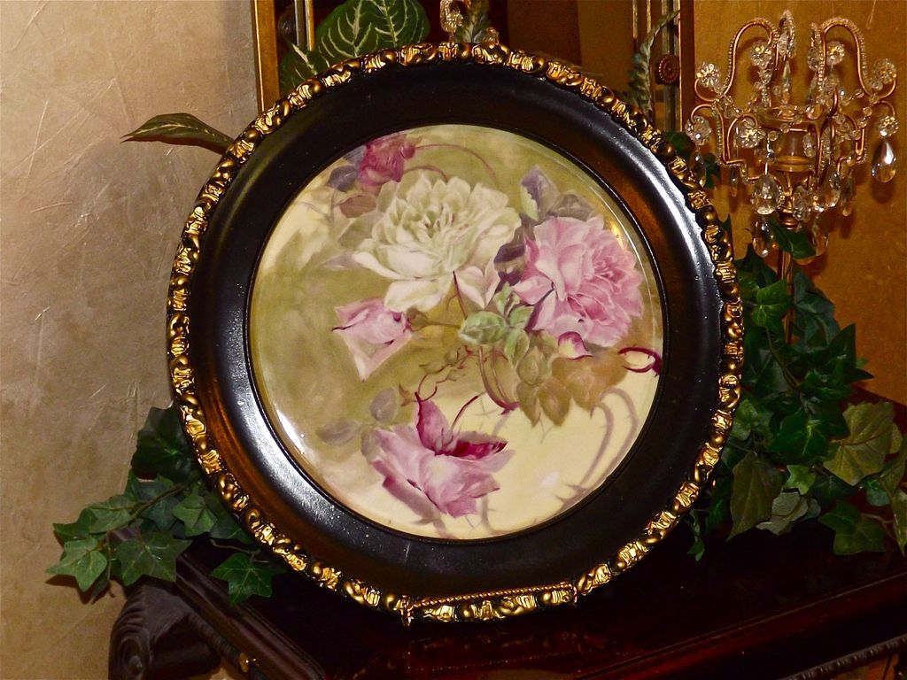 Limoges Large Porcelain Plaque with Pink and White Roses Ebony and Gold Embellished Old Wood Frame Limoges Large Porcelain Plaque with Pink and White Roses Ebony and Gold Embellished Old Wood Frame