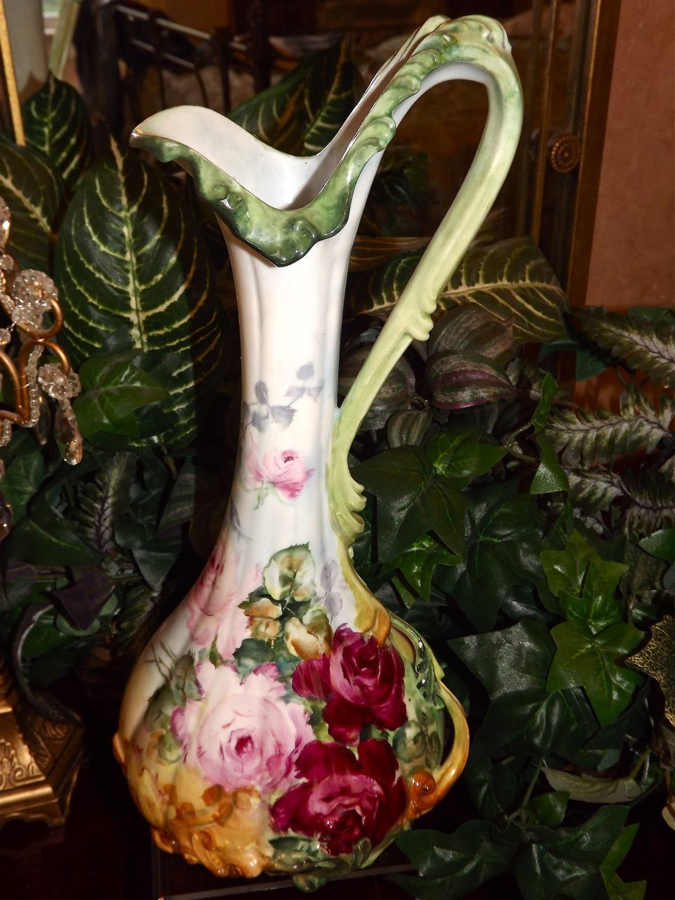 Limoges Huge Stunning Ewer/Vase/Pitcher with Red/Pink/Yellow Roses, Ornate Handle & Bulbous Base Limoges Huge Stunning Ewer/Vase/Pitcher with Red/Pink/Yellow Roses, Ornate Handle & Bulbous Base