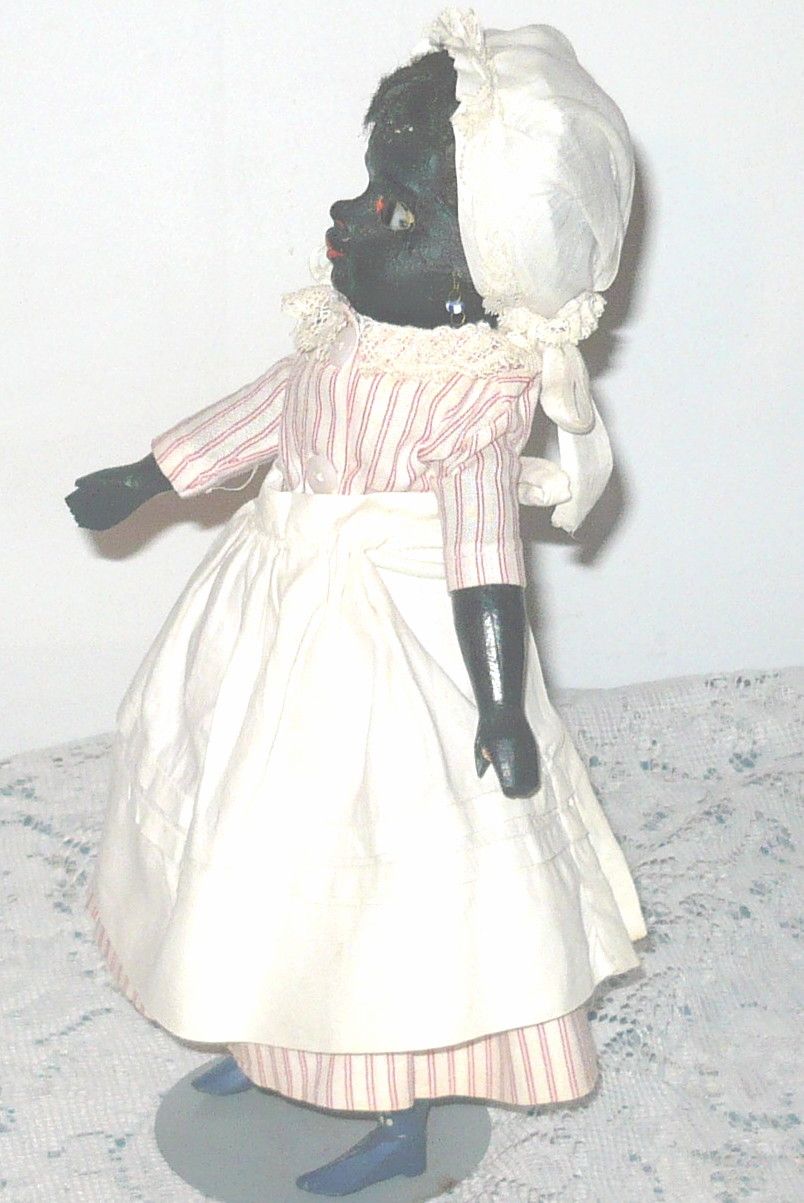 19th C 10" Black Papier-mache Wood Body Glass Eyes Blue Boots 19th C 10" Black Papier-mache Wood Body Glass Eyes Blue Boots