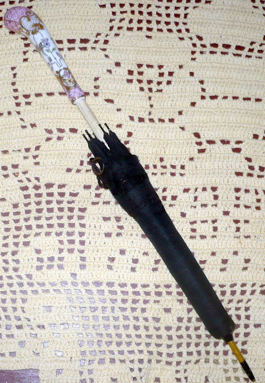 Fine Antique 12" Doll Umbrella & Sheath Enameled China Handle Fine Antique 12" Doll Umbrella & Sheath Enameled China Handle