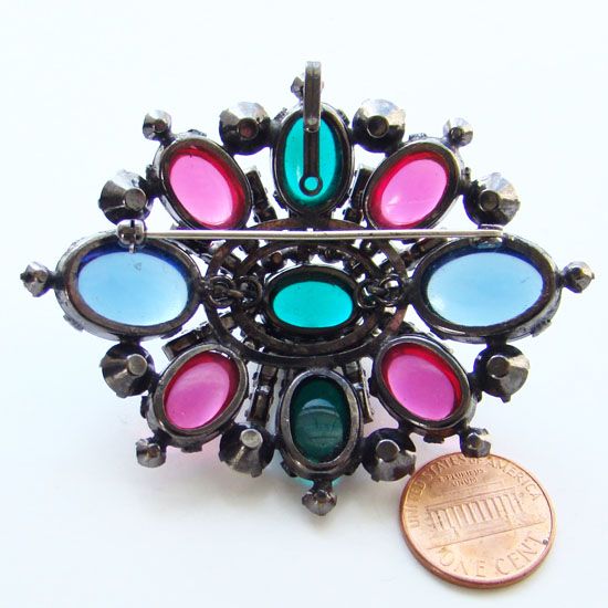 Vintage Schreiner Jewel Tone Rhinestone Brooch Earrings Set Japanned Unsigned Vintage Schreiner Jewel Tone Rhinestone Brooch Earrings Set Japanned Unsigned