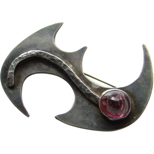 Modernist Studio Artist Brooch Pin Sterling Silver Rubellite Cabochon Stone Modernist Studio Artist Brooch Pin Sterling Silver Rubellite Cabochon Stone