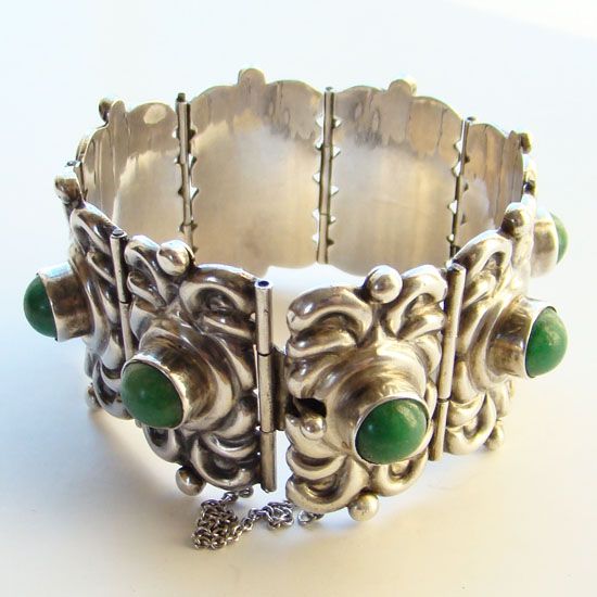 C1940 Horacio de la Parra Huge Mexico Silver Link Bracelet Green Turquoise Signed C1940 Horacio de la Parra Huge Mexico Silver Link Bracelet Green Turquoise Signed