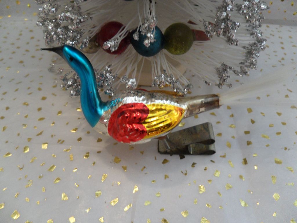 Vintage Christmas Peacock Bird Clip on Ornament Spun Glass Tail Vintage Christmas Peacock Bird Clip on Ornament Spun Glass Tail