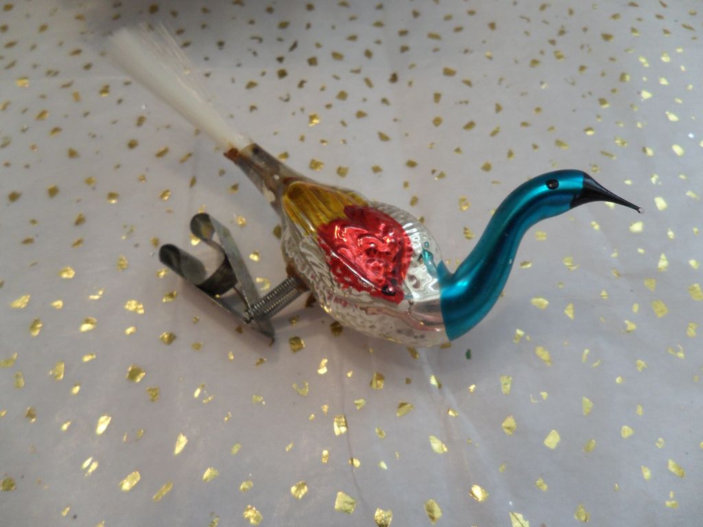 Vintage Christmas Peacock Bird Clip on Ornament Spun Glass Tail Vintage Christmas Peacock Bird Clip on Ornament Spun Glass Tail