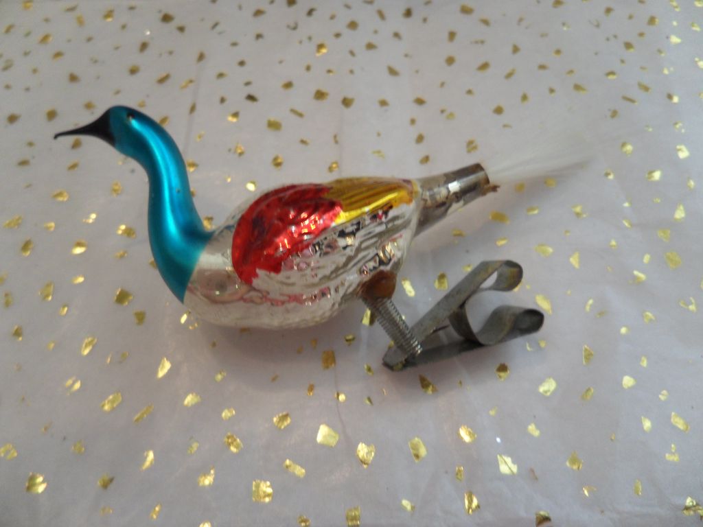 Vintage Christmas Peacock Bird Clip on Ornament Spun Glass Tail Vintage Christmas Peacock Bird Clip on Ornament Spun Glass Tail