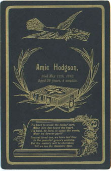 Amie Hodgson Memorial Card Died 1892 Amie Hodgson Memorial Card Died 1892