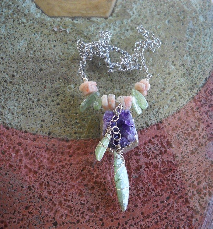 Amethyst Nugget, Kyanite, Moonstone Necklace Amethyst Nugget, Kyanite, Moonstone Necklace